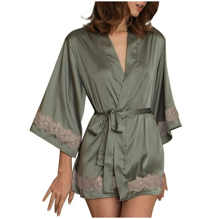 Women s Dressing Gown Satin Kimono Robe Lace Patchwork Bathrobe Nightgown Sexy Nightdress Nightwear Robes with Belts Elegant Lingerie Sleepwear