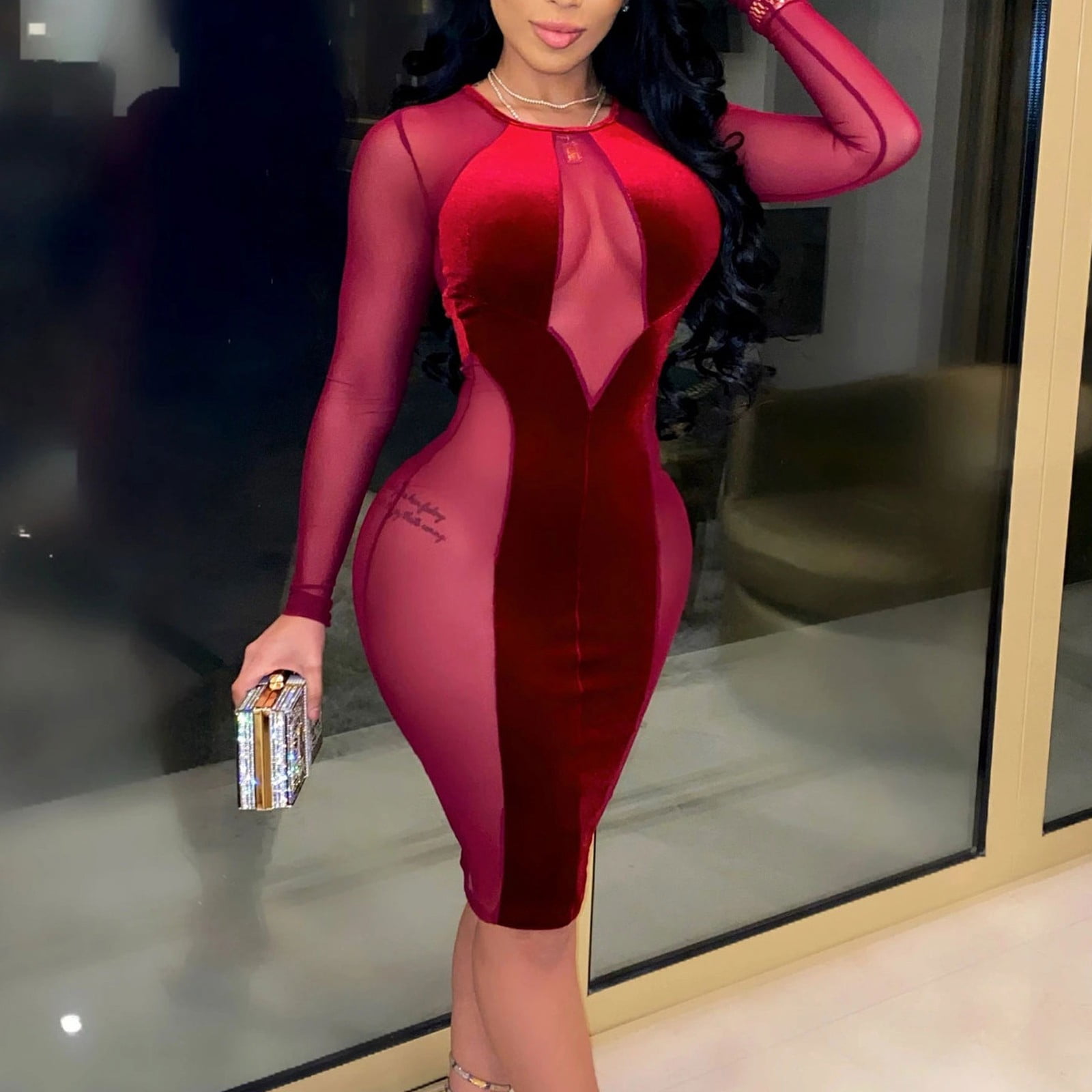 TIANEK Fall And Winter Dresses For Women,Women's Mini Fashion Solid Color  Netting Long Sleeve Hip High Waist Dress - Walmart.com