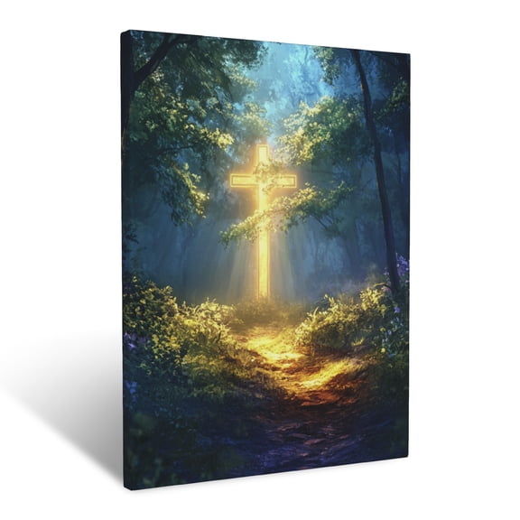 CozyNet A Peaceful Forest With A Glowing Path Leading To A Radiant Cross Wall Art Prints With Frame Canvas Perfect for Living Room & Bedroom, Ready to Hang, Wall Decor 12"x16"