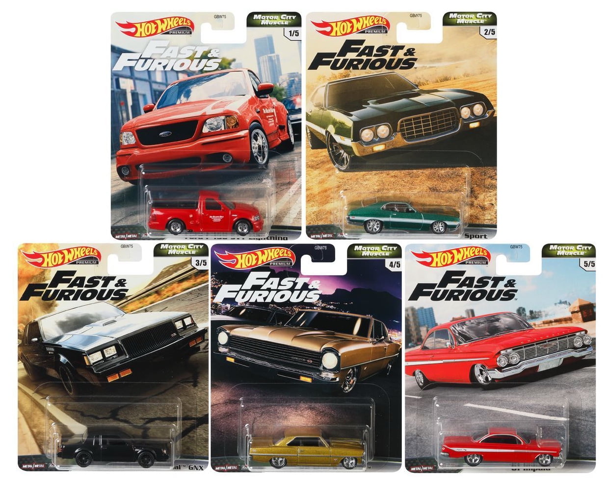 2020 Hot Wheels Fast & Furious Premium V8 Motor City Muscle Set of 5, 1/64 Diecast Model Cars