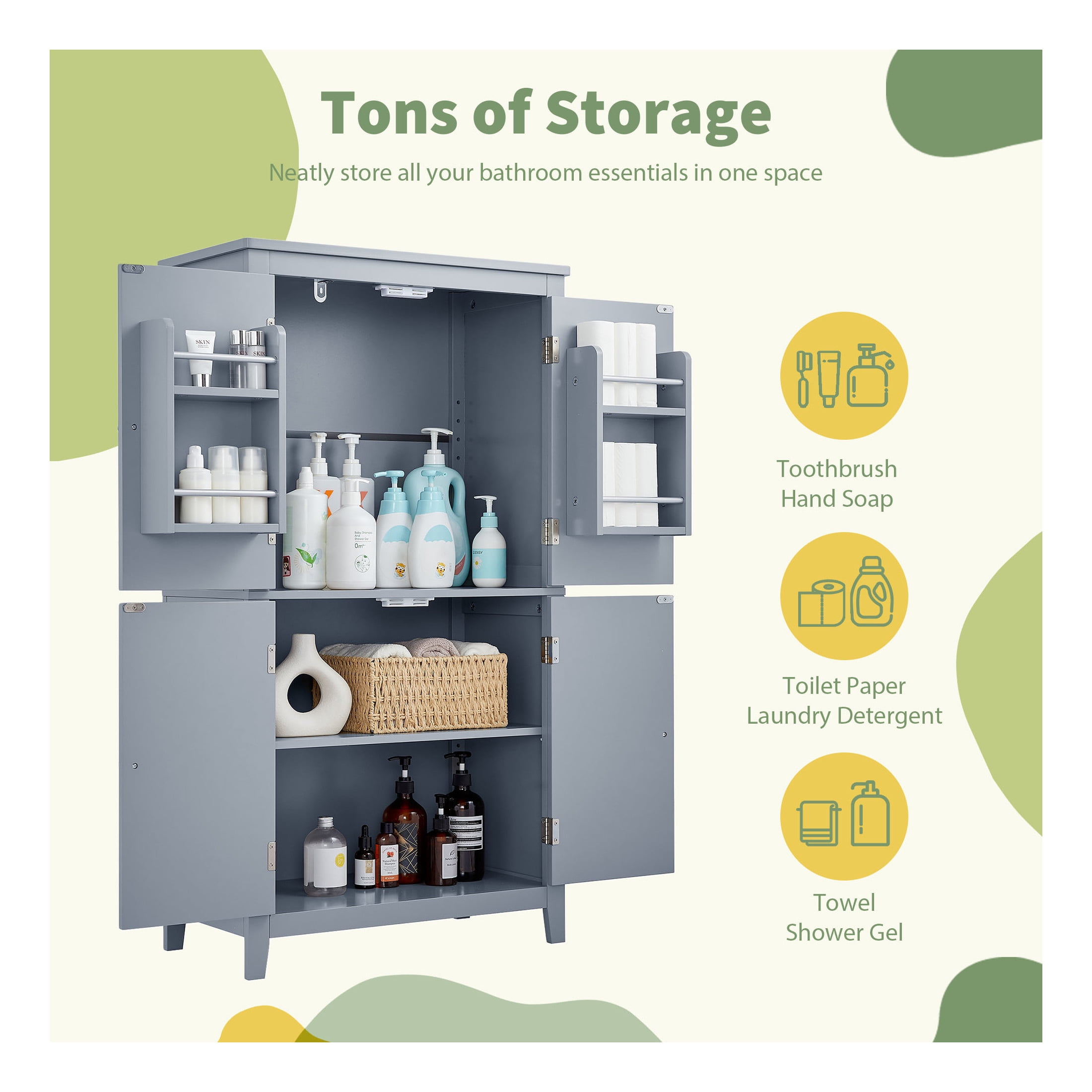 GDF Studio 23.6" Elegant Bathroom Floor Cabinet with 4 Doors, Storage Organizer, Adjustable Shelf, Gray