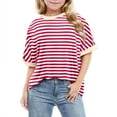 thumbnail image 2 of Feancey Girls Oversized T Shirts 2025 Trendy Colorblock Striped Print Tops Summer Short Sleeve Crewneck Tees Loose Fit Casual Blouse Red 4 Years, 2 of 6