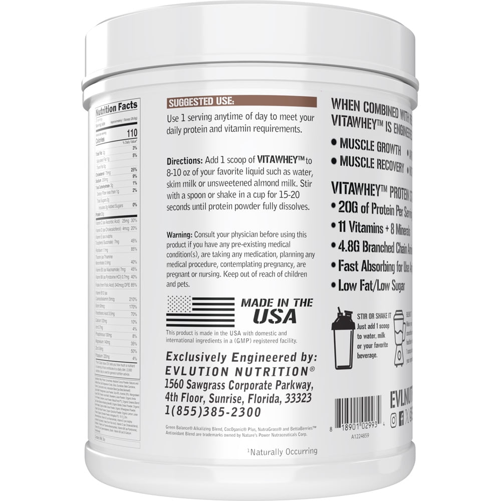 Evlution Nutrition VitaWhey - 100% Whey Protein - Vitamins & Minerals - Muscle Growth, Strength & Recovery - Multivitamin Protein Powder - 20g Protein Per Serving - Fast Absorbing - 20vg - Chocolate