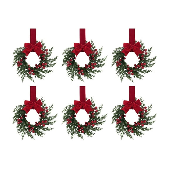 6Pcs Mini Christmas Wreaths for Cabinets, Small Wreaths for Kitchen Cabinet with Buffalo Plaid Bow Ribbon Cedar Artificial Red Berries for Xmas Window Door Window Fireplace Table Farmhouse Decor