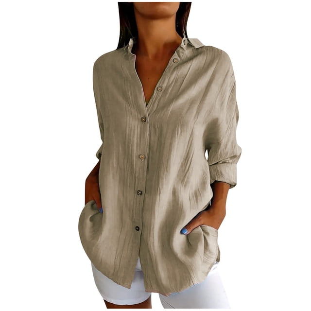 Timegard Plus Size Tops for Women Button down Shirts Long Sleeve Lapel V Neck Blouse Lightweight Tops