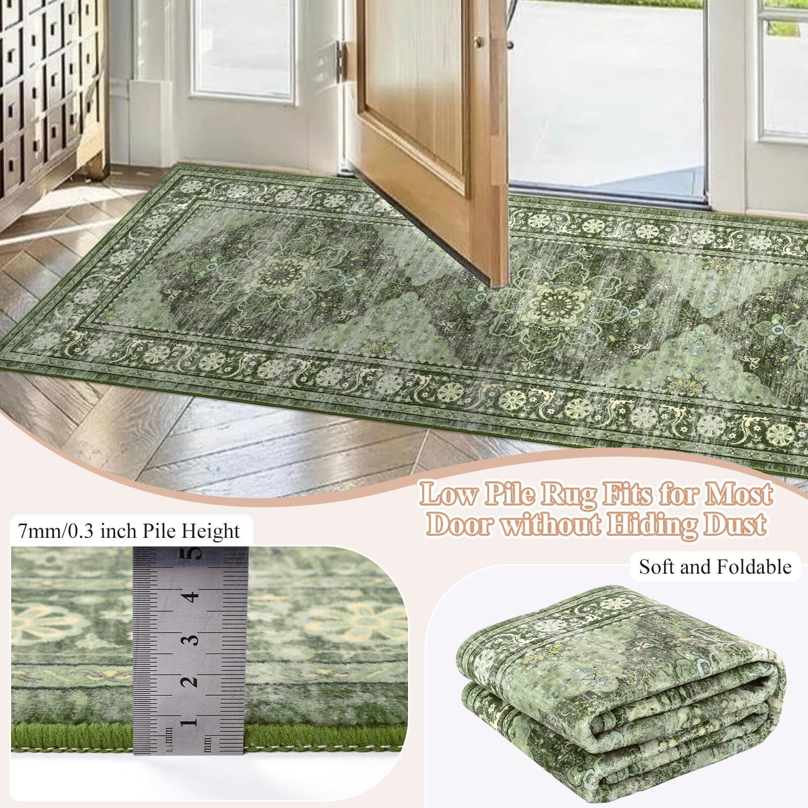 Findosom 2'x6' Runner Rugs for Hallway Machine Washable Runners Rug,Vintage Runner Rug Non Slip Kitchen Runner Rug Medallion Carpet Runner for Bedroom Laundry Entrance,Green