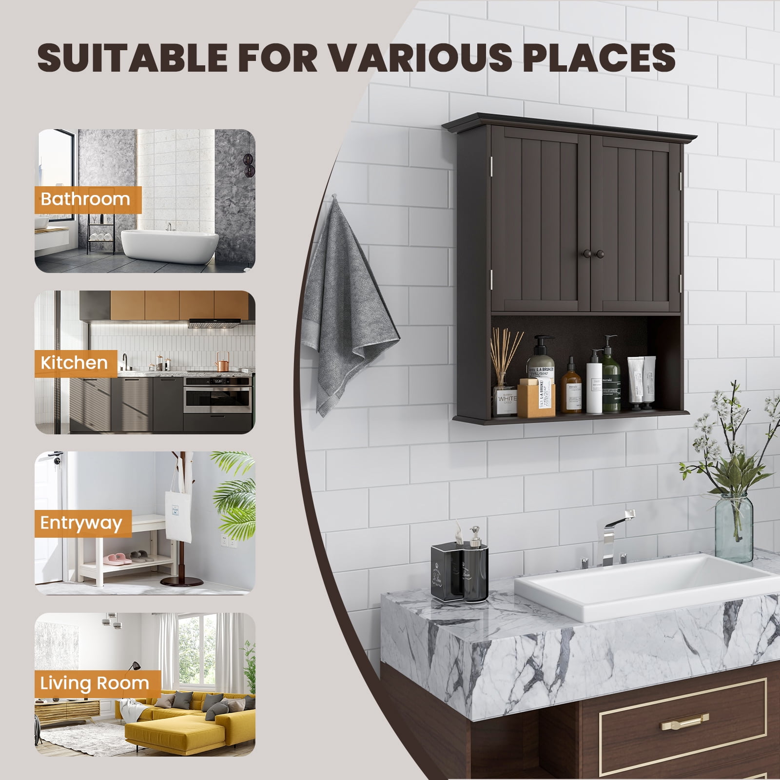 Topbuy Wall Mounted Bathroom Cabinet Double Door Medicine Cabinet Kitchen Cupboard w/ Open Compartment & Adjustable Shelf Espresso