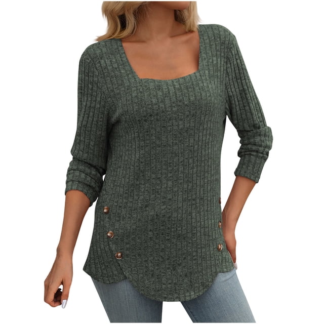 MeetoTime Fall Long Sleeve Ribbed Tunic Tops for Women Stretch Slim Square Neck Knit Sweater Pullover