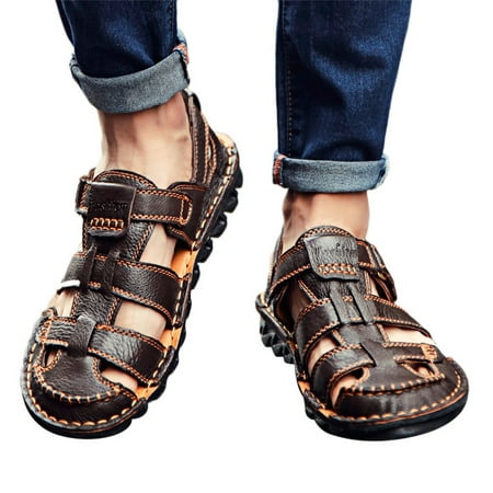 EQWLJWE Sandals Men Summer Leather Sandals Flats Beach Walking Non-SlipSoft Bottom Casual Shoes Deals Clearance