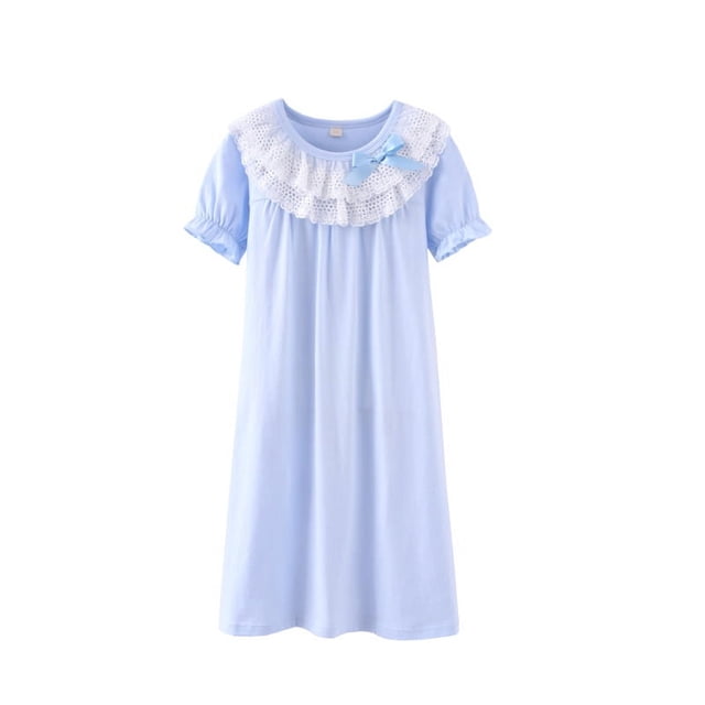 Camisón de niña de algodón de manga corta de verano con encaje Pijamas de niña Ropa de casa Ropa de casa para padres
