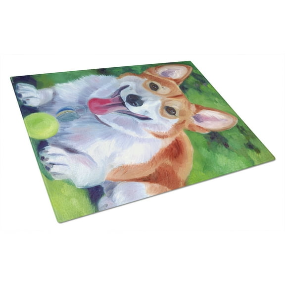 Caroline's Treasures Corgi with green ball Glass Cutting Board Large