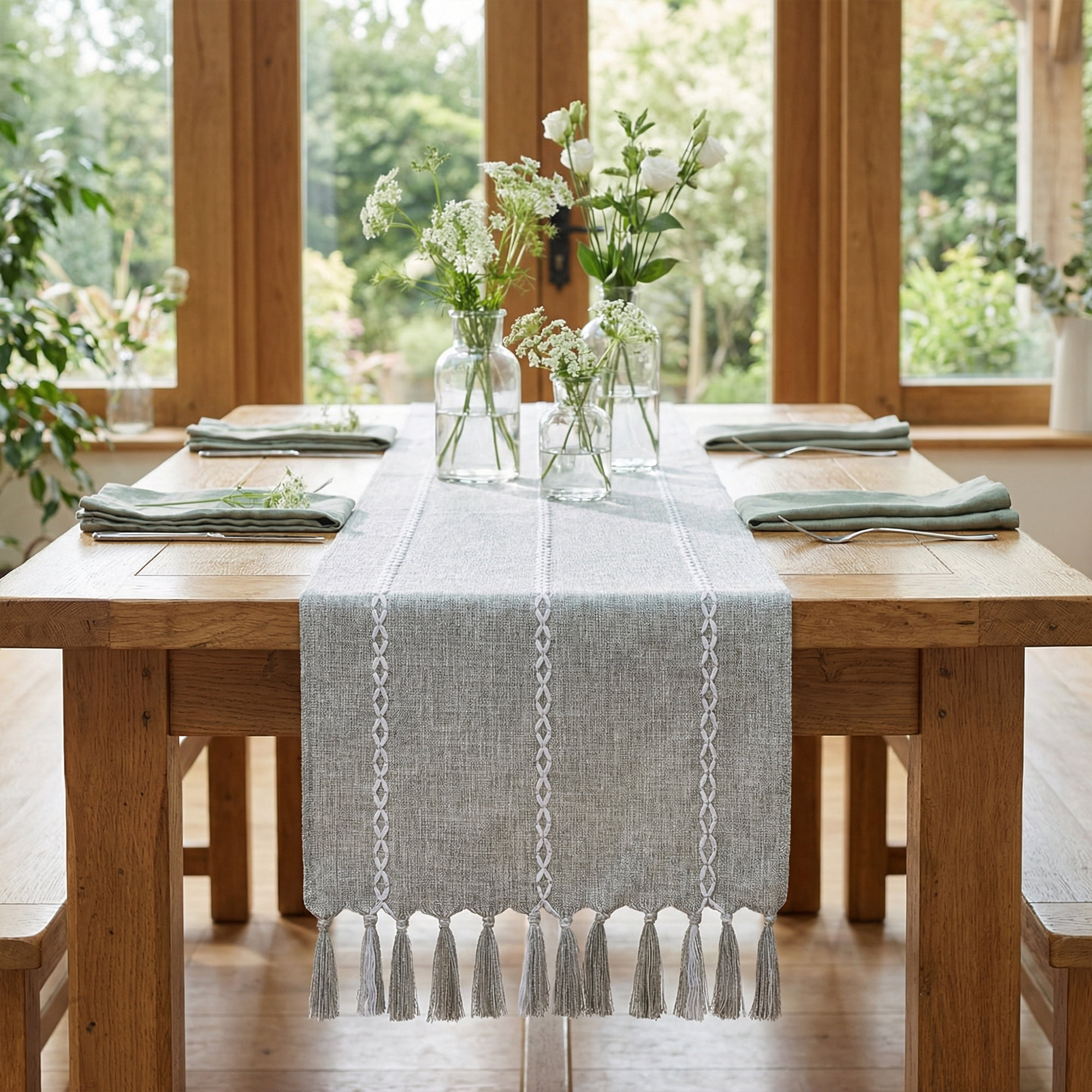 Unique Bargains Washable Polyester Kitchen Runner with Tassel for Dining Gray 13"x72"