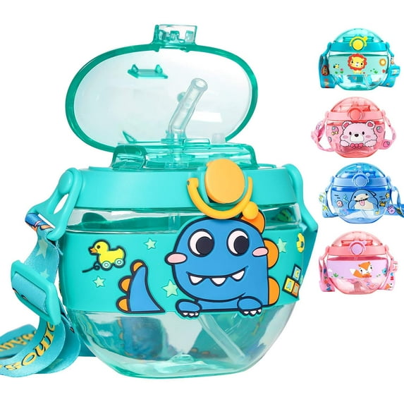 Kids Water Bottle with Straw BPA Free Water Bottles with Leak Proof Lids and Shoulder Strap Baby Sippy Cups Girls Boys for School Portable Reusable Carton Cute Donut Drink Bottle 14Oz,Green Dinosaur