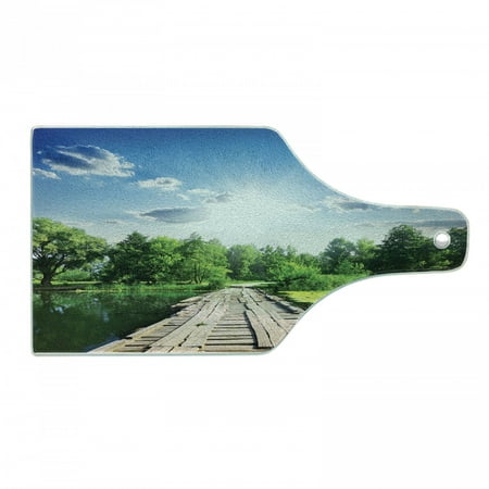 

Nature Cutting Board Old Wooden Vintage Wooden Deck on Silent River in Sunny Day Rays Fresh Forest Photo Tempered Glass Cutting and Serving Board Wine Bottle Shape Blue Green by Ambesonne