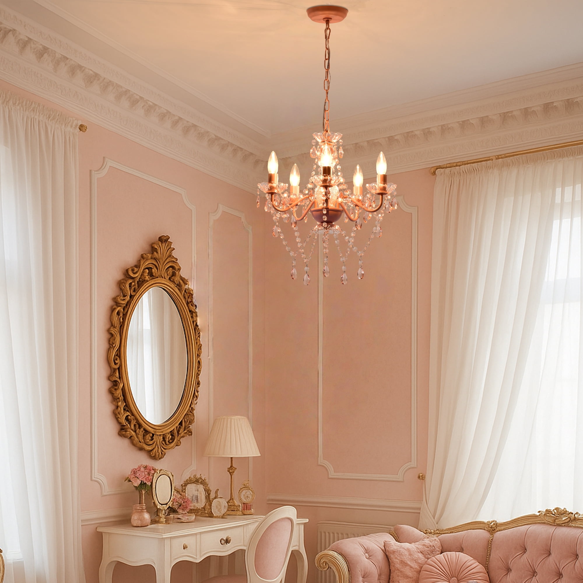 Pink Crystal Chandelier – 5 Light Acrylic Ceiling Fixture for Girls Bedroom, Nursery or Dining Room, 17in Wide