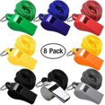 thumbnail image 2 of Paquete de 8 silbatos para entrenadores y árbitros con cordones, de plástico y acero inoxidable, ideales para socorristas deportivos., 2 of 5
