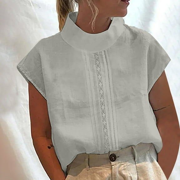 POTETI Summer Shirts for Women Gray Solid Color Casual High Neck Tops Cotton Linen Lace Blouses