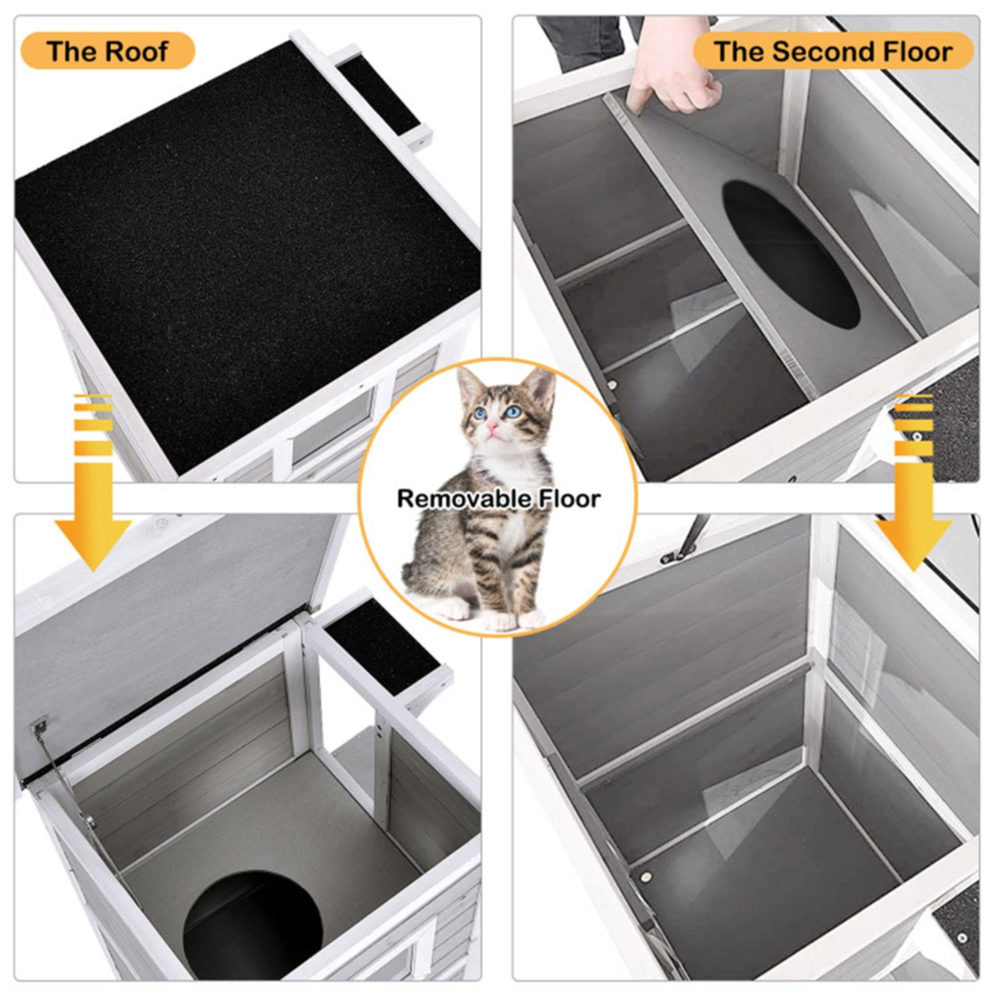 Kadyn 39" Cat House for Outdoor Cats, 2-Story Wood Cat Condo Weatherproof Cat Shelter with and Escape Door, Gray