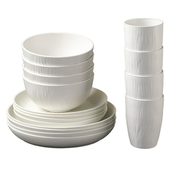 White 16 Piece Plastic Dinnerware Set Including Plates Bowls And Cups Shatterproof Microwave Safe For Home Kitchen Use Wheat Straw Material White