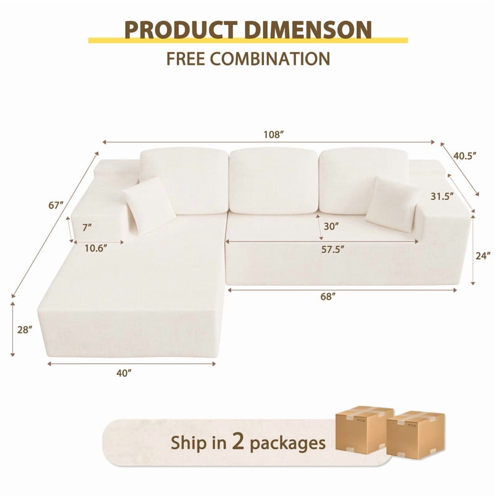 Homall 108" Cloud Sectional Sofa, Boneless Couch with L-Shape Chaise, Modular Couch with Deep Seat, No installation for Living Room & Apartment, Chenille Beige