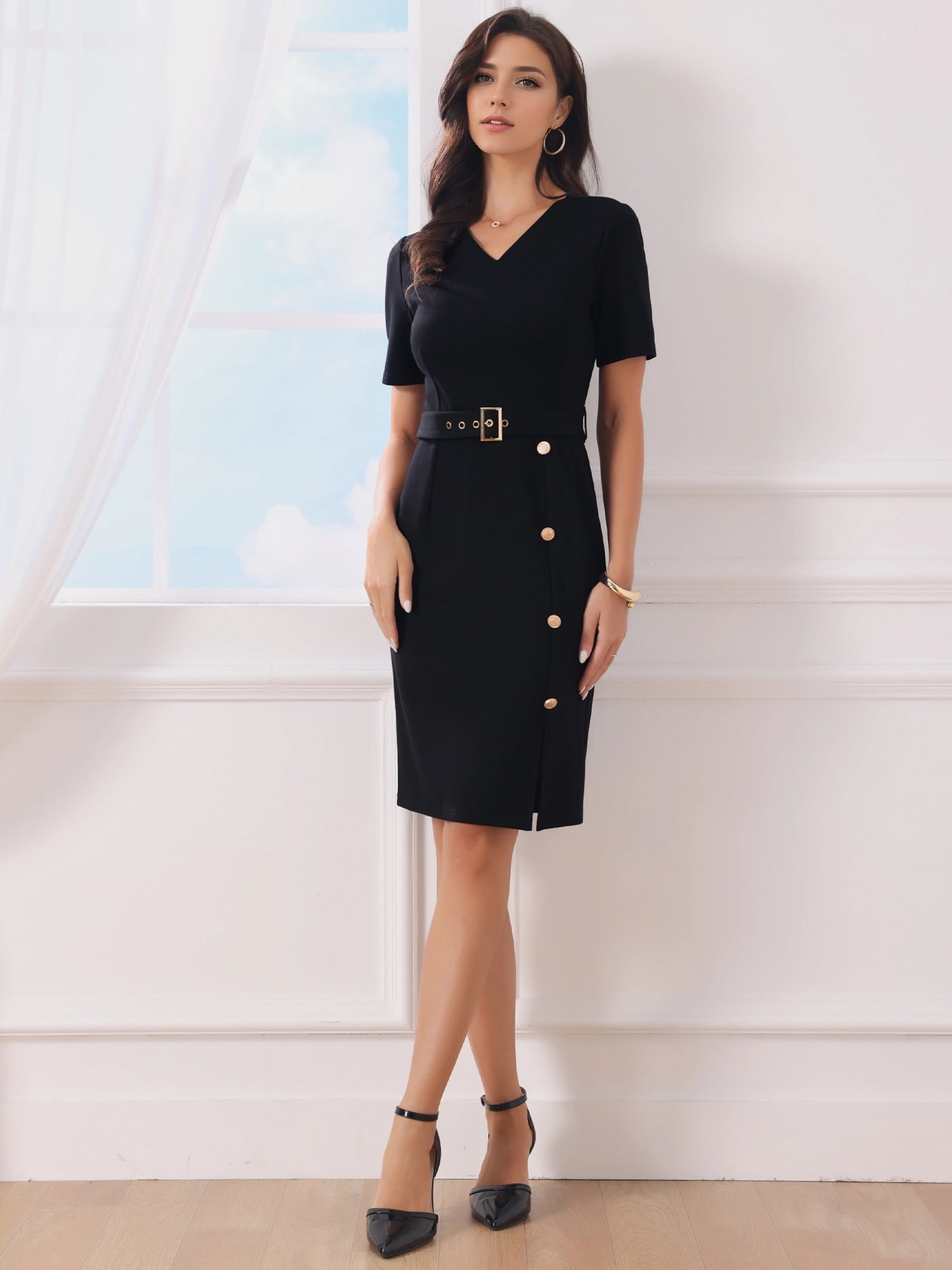 DARING DIVA Women's Business Work Short Sleeve Pencil V-Neck Bodycon Dresses M Black
