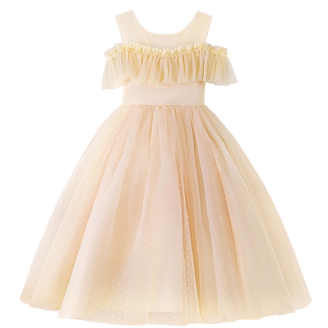Vestido Para Niñas, Ropa Para Niñas, Vestido Para Niños, Sin Mangas, Un Hombro, Vestido De Princesa, Malla De Flores, Vestido De Lunares, Beige Odeerbi LM103-5788