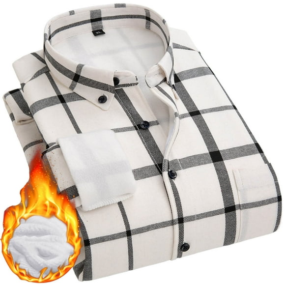Lovzfmll Men's Flannel Shirt Brushed Lined Button Front with Pocket White, XL
