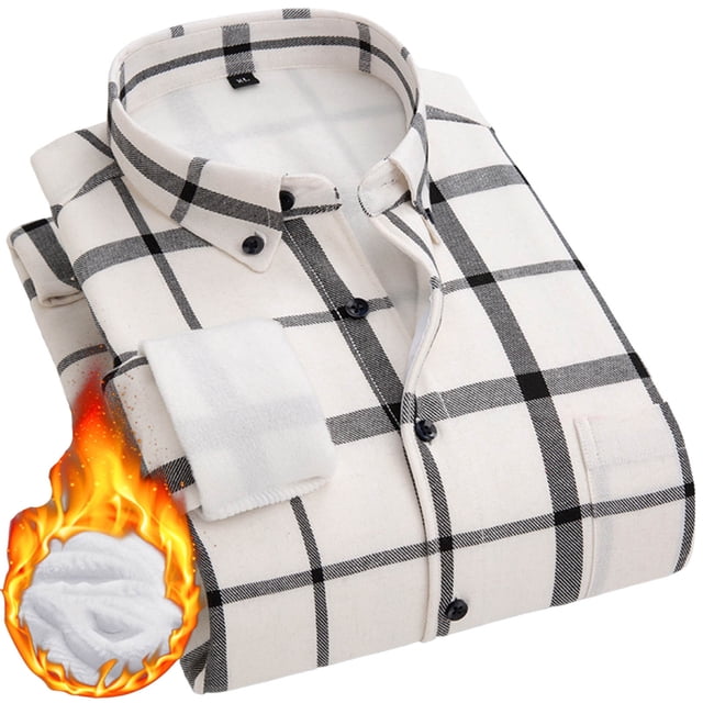 Lovzfmll Men's Flannel Shirt Brushed Lined Button Front with Pocket in white, size XL. This long-sleeve shirt features a black and white plaid pattern, a flip collar, and a button-front closure. Made from polyester with a fleece lining for added warmth, it is designed for casual and outdoor wear. The shirt includes a chest pocket and is suitable for layering in colder weather.