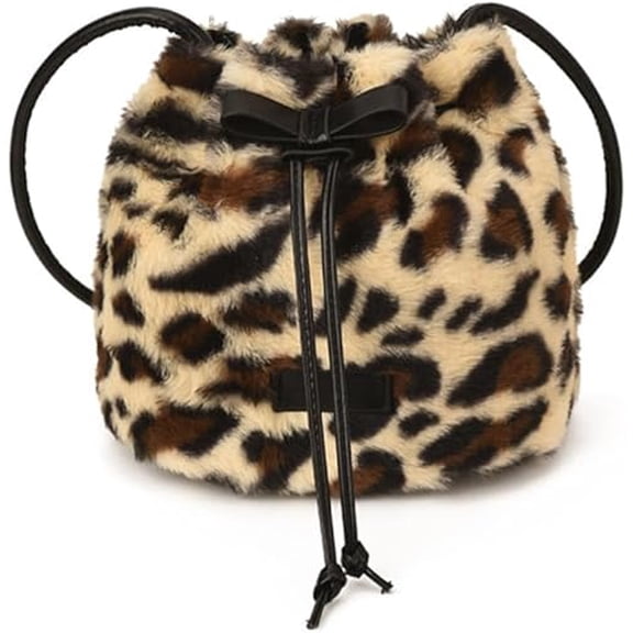Mini Fuzzy Leopard Print Drawstring Bucket Bag for Women, Crossbody Shoulder Purse blake 1 PCS(DSF)