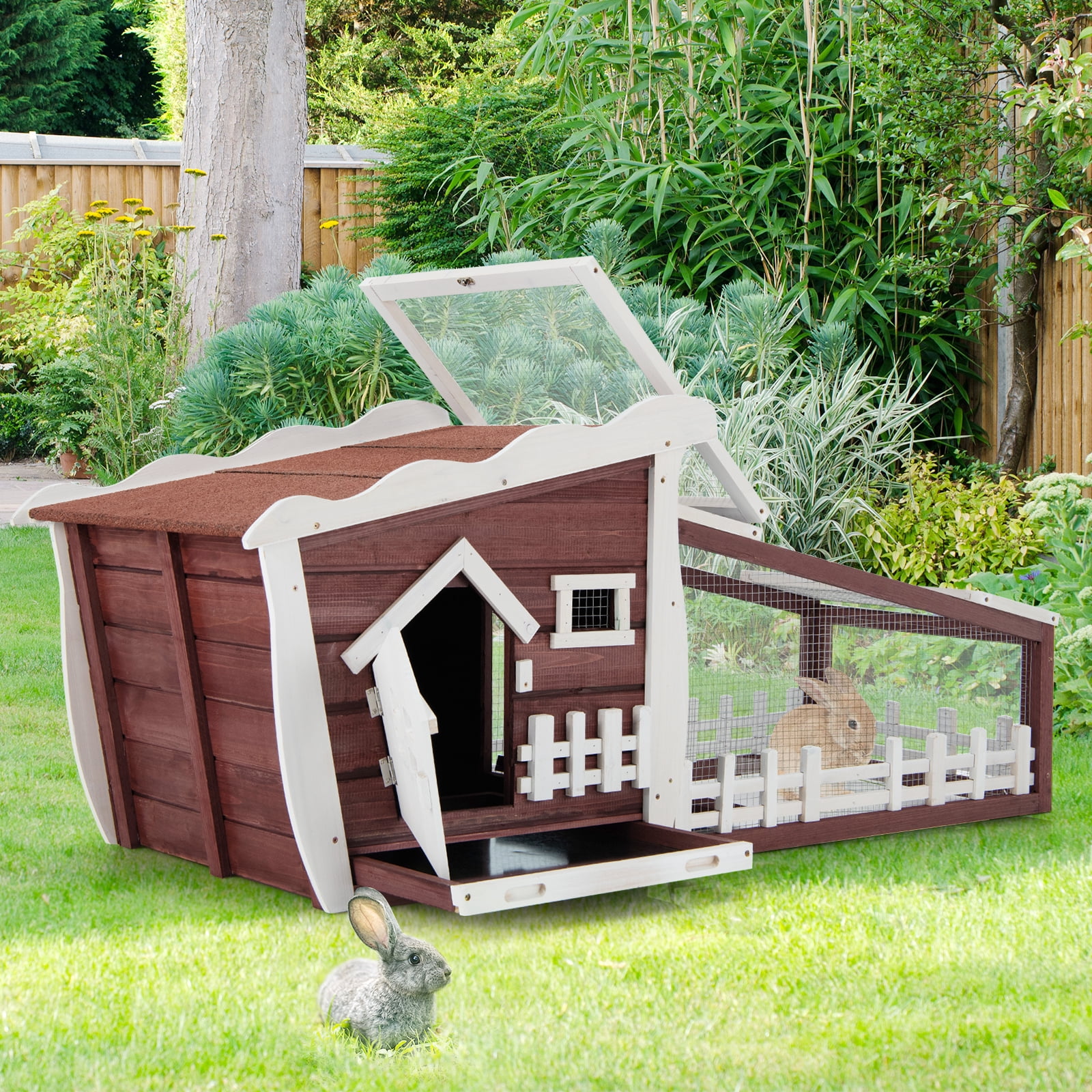 Infans 62" Wooden Rabbit Hutch Indoor Outdoor Rabbit Cage Bunny House w/ Pull Out Tray
