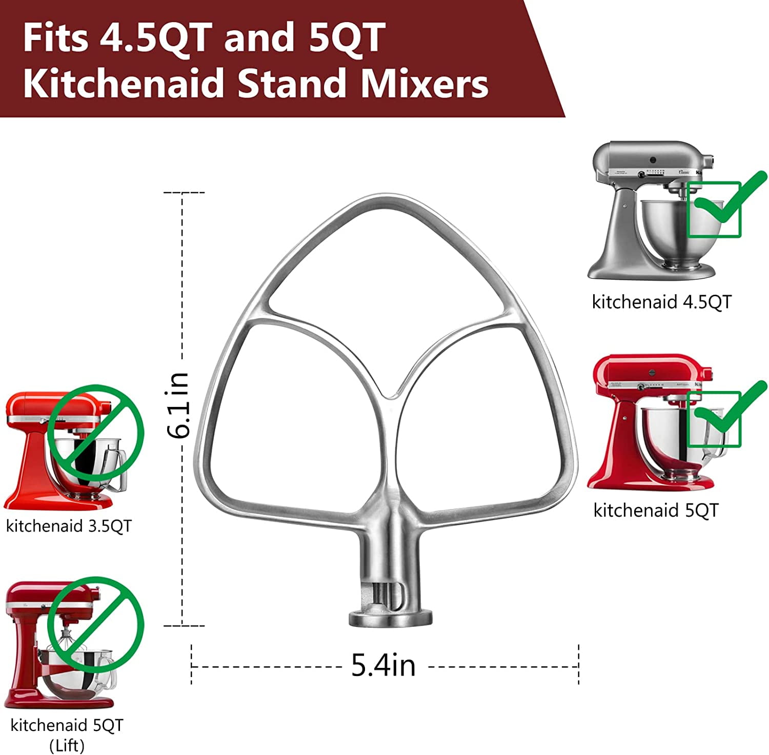 For KitchenAid 4.5-5QT/5QT/6QT Edge Beater Paddle Stand Mixer