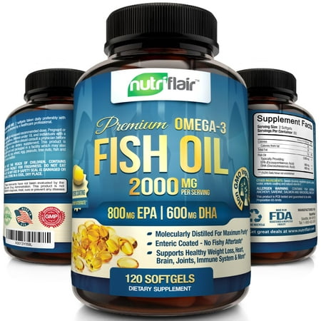 NutriFlair Premium Omega 3 Fish Oil Supplement, 120 Softgels - Enteric Coating Pills - Burpless, No Fishy Aftertaste - Triple Strength EPA 800mg + DHA 600mg - Joint, Heart and Brain Health (Best Fish Oil For Heart Health)