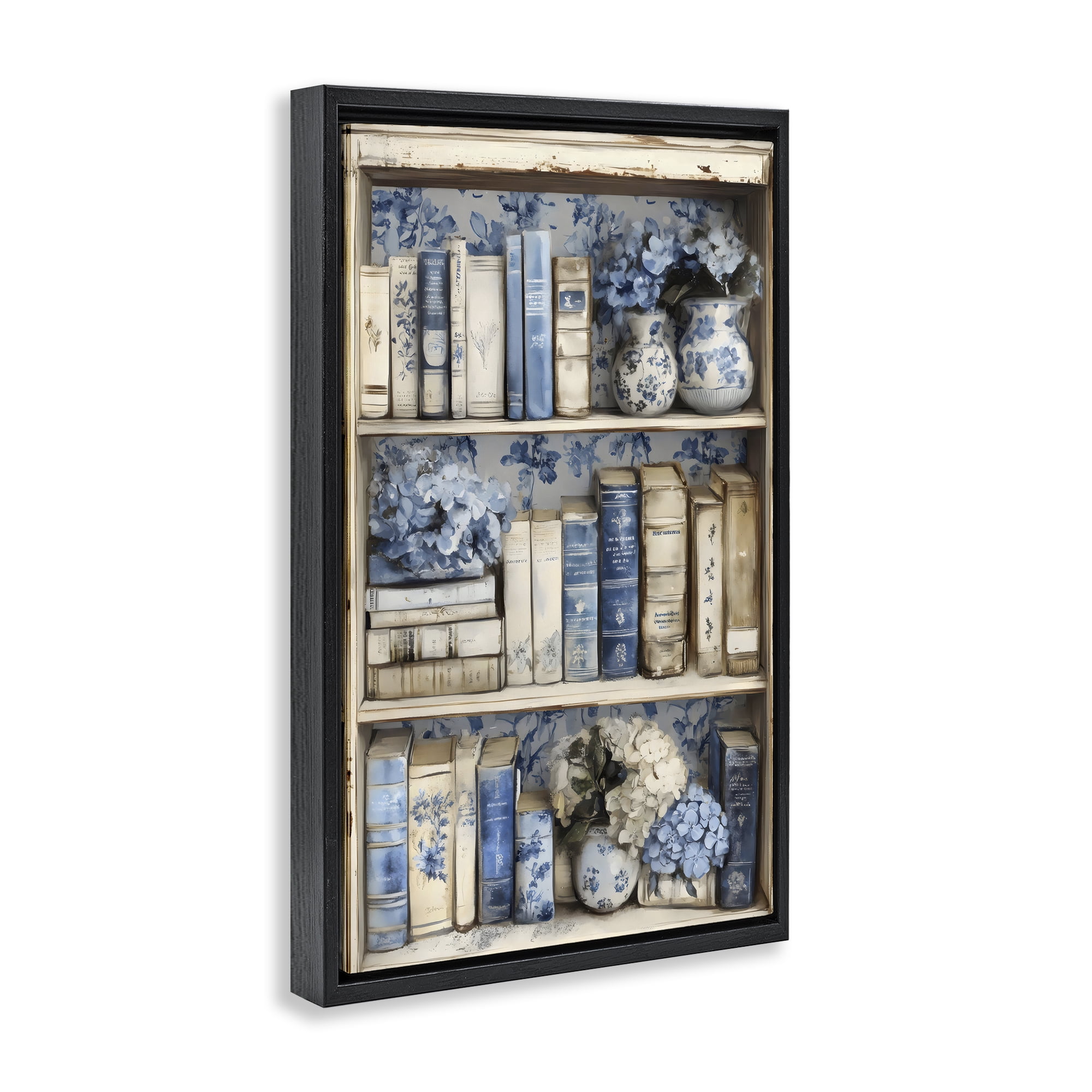 Stupell Industries Blue & Beige Bookcase Black Framed Floater Canvas Wall Art, design by LSR Design Studio