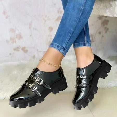 

Aayomet Casual Shoes for Women Leopard Ladies Fashion Solid Color Bright Leather Belt Buckle Thick Sole Casual Shoes Black 7.5