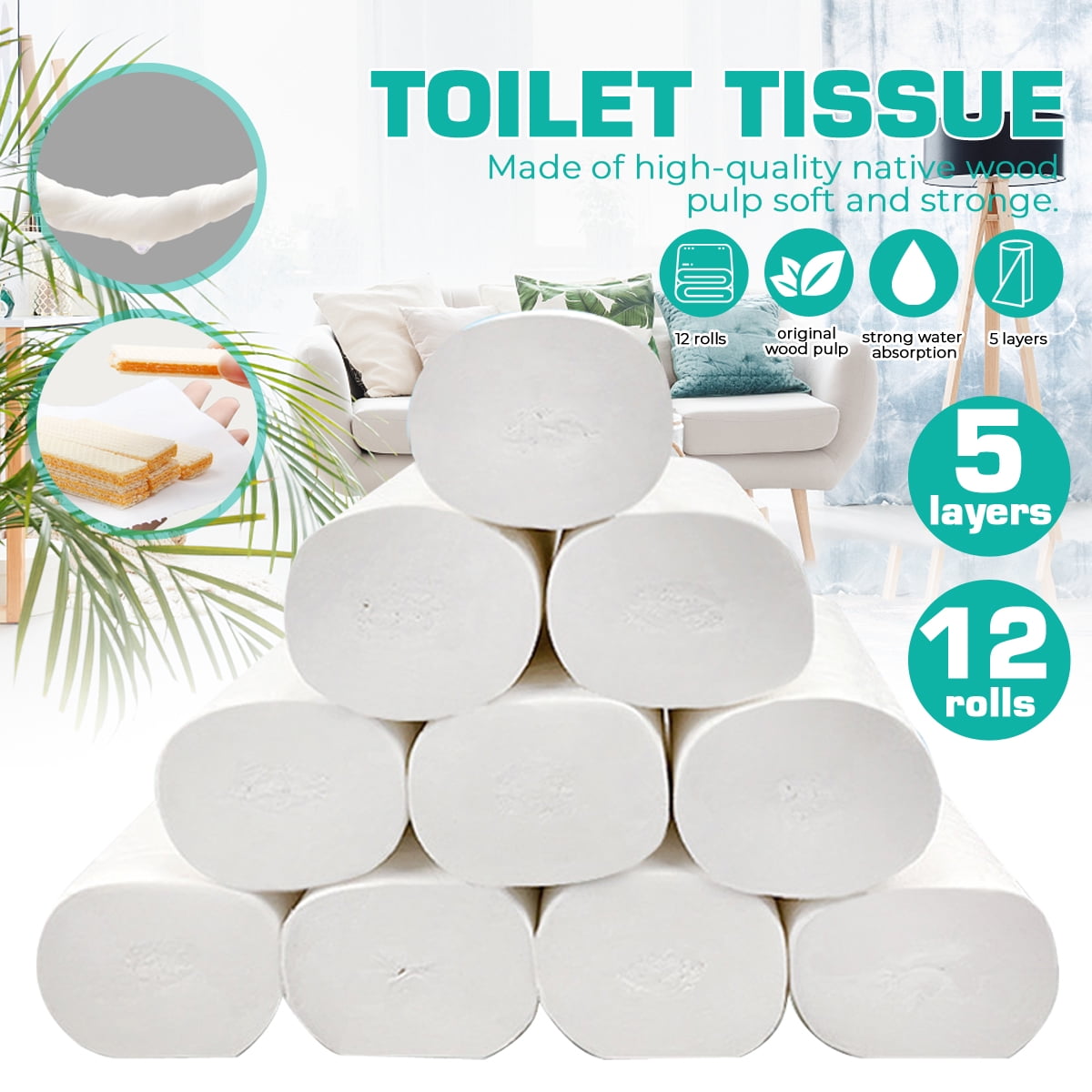 12Pack 5PLY White Solid Roll Paper Toilet Paper Bulk Toilet Paper