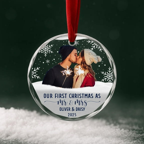 Our First Christmas as Mr & Mrs photo glass ornament | personalized newlywed ornament; wedding keepsake; couple name ornament 2025; first Christmas married; printed glass