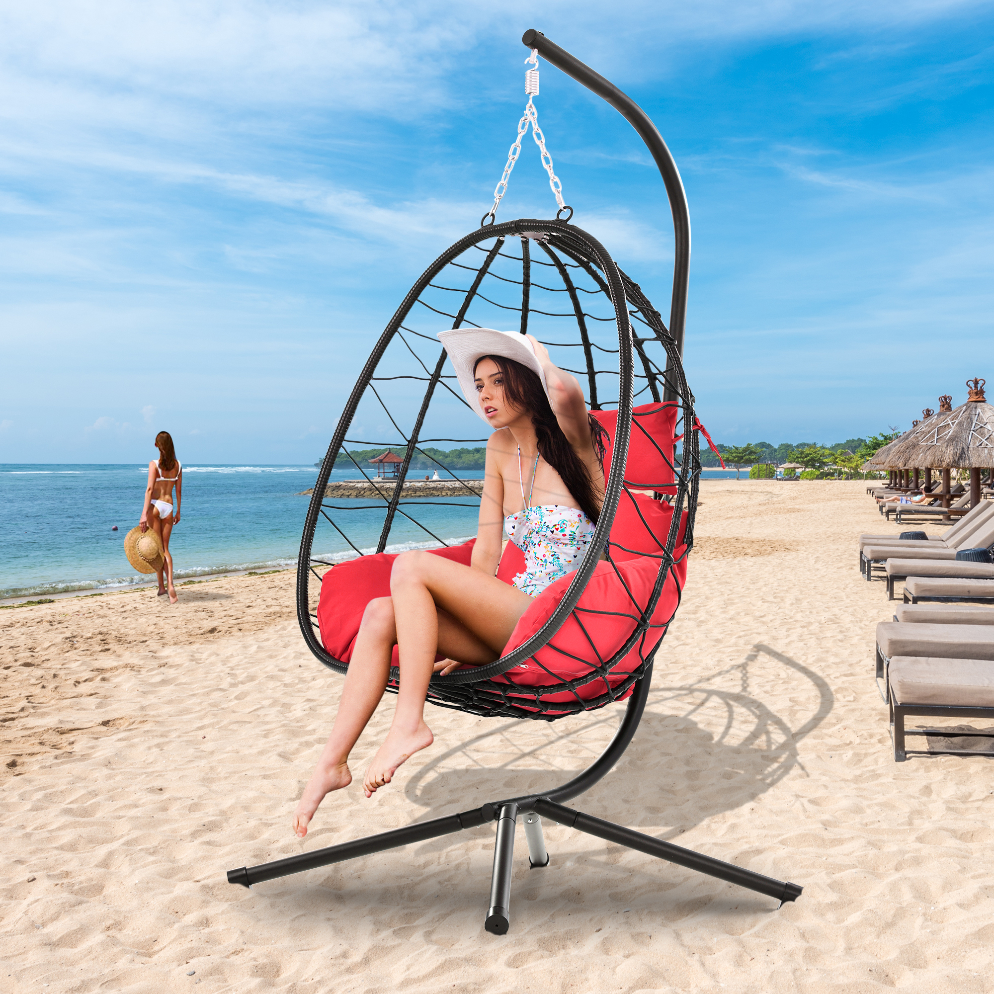 Swing Egg Chair, Outdoor Hanging Egg Chair with Stand, Wicker Swing Chair w/ Seat and Back Cushion, All-Weather UV Rattan Lounge Chair for Livingroom, Patio, Deck, Yard, Garden, 350lbs, Red, SS1954 - image 3 of 9