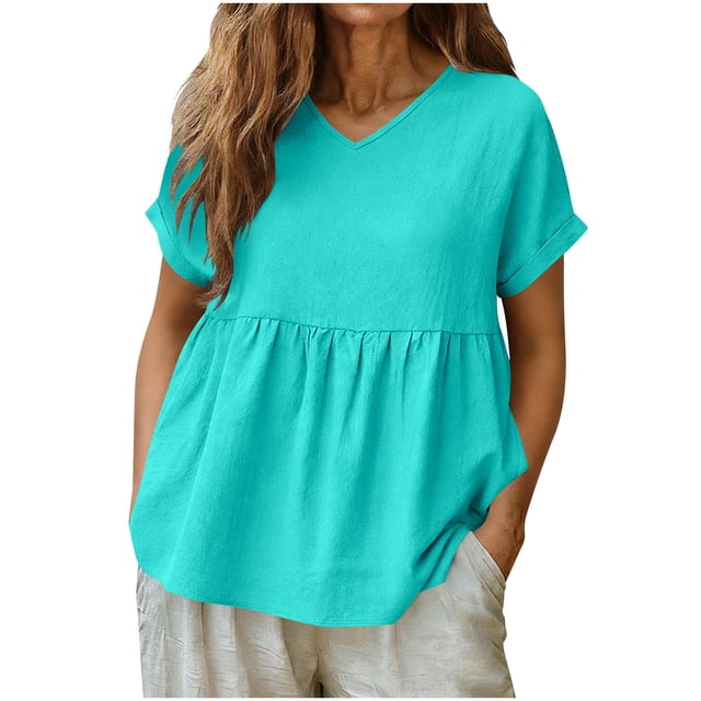 Tops de Color Sólido para las Mujeres con Cuello en V Plisado Manga Corta Blusa de Suéter de Lino, Camiseta de Moda de Verano Casual
