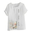 thumbnail image 4 of Tops for Women under $5 Short Sleeve Round-Neck Floral Printed Button Casual T-shirt White M, 4 of 4