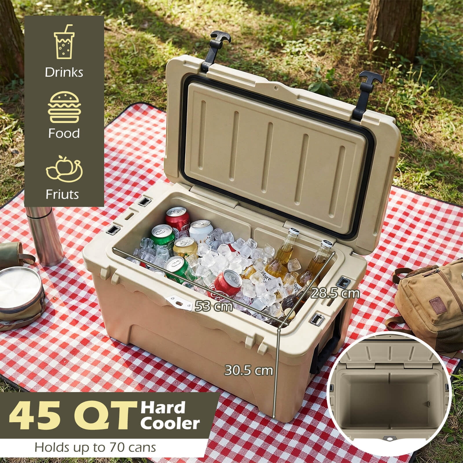 Costway 45 Quart Portable Hard Cooler, Insulated Ice Chest Keeps Cool for up to 6 Days Khaki