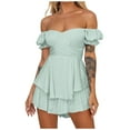 thumbnail image 1 of Timegard Rompers for Women Cold Shoulder Short Sleeve Ruched Ruffle Solid Color Short Jumpsuit Summer, 1 of 8
