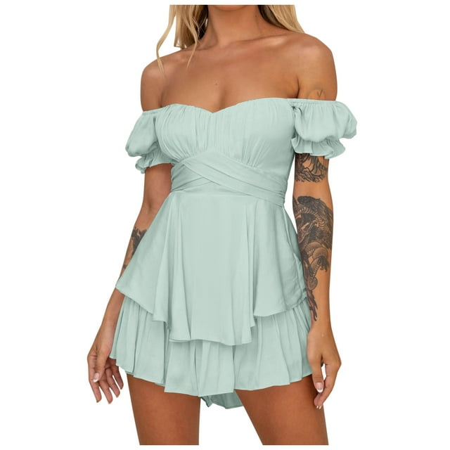 Penkiiy Combinaisons pour Femmes Mode Été Solide Décontracté Manches Courtes Bretelles Combinaison Courte Bleu Clair P Combinaisons