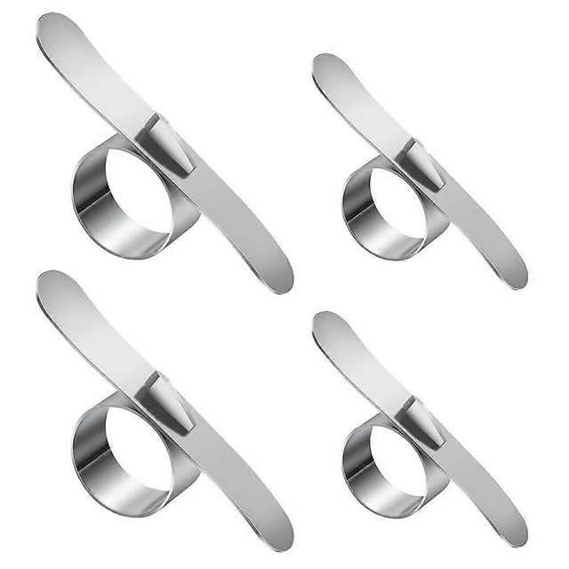 watermelon slicer cocktail peeler grapefruit peeler citrus cutter fruit peelers Set de 4 peladores de naranja en acero inoxidable color plata con anillo para el dedo; vista cenital frontal muestra barra curvada con filo endurecido y mango ergonómico, anilla para colgar, medidas aproximadas 7.5 x 2.5 x 1 cm; aptos también para marcar cáscaras en coctelería.