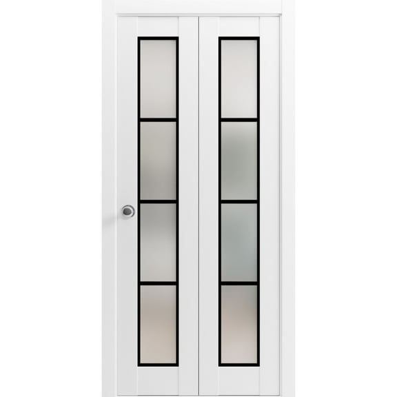 Sliding Closet Bi-fold Doors 36 x 80 inches | Planum 2132 White Silk Frosted Glass | Sturdy Tracks Moldings Trims Hardware Set | Wood Solid Bedroom Wardrobe Doors
