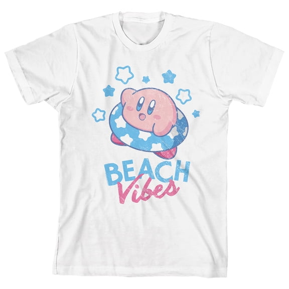 Kirby Beach Vibes Boy's White Crew Neck Short Sleeve T-shirt-Medium