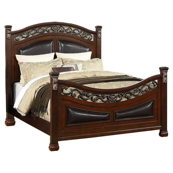 Meo Queen Size Bed, Padded Carved Dark Brown Faux Leather Upholstered