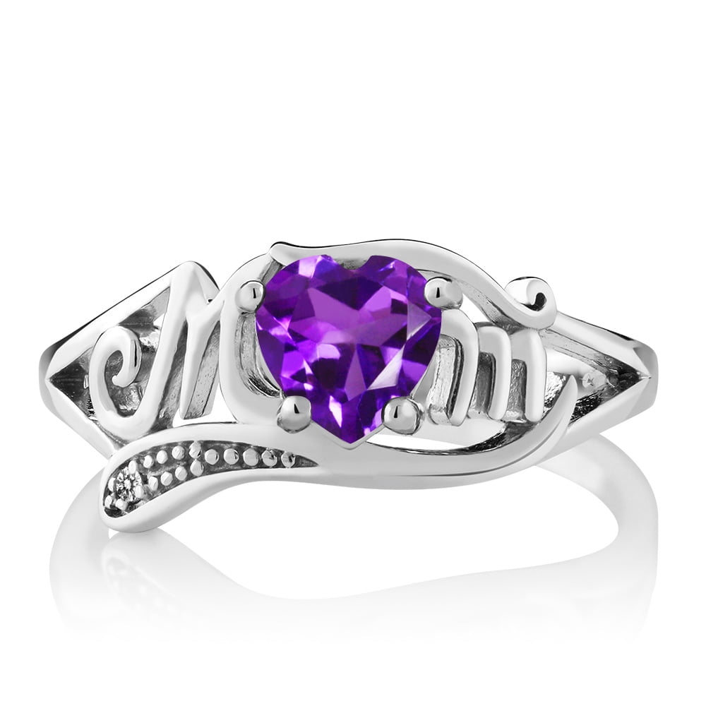 Gem Stone King Amethyst and Diamond Mother's Day MOM Ring for Women | 925 Sterling Silver | 0.66 Cttw | Heart Shape 6MM | Gemstone Birthstone | Available in Size 5, 6, 7, 8, 9