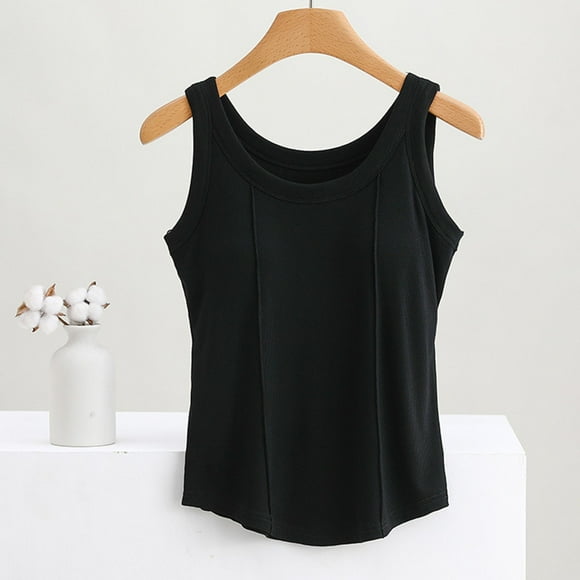 VKOYWKM Cotton Tank Tops with Built in Bra for Women Shelf Bra Camisole Tops Solid Workout Cami Tops Bra Padded Tank Tops Crewneck Sleeveless Tops