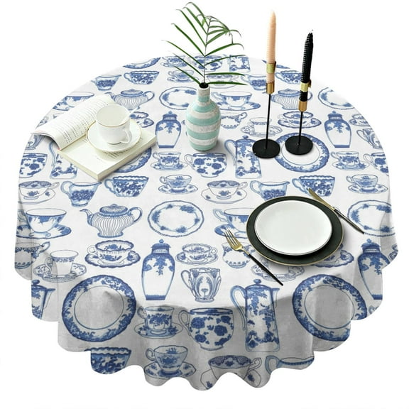 Round Waterproof Tablecloth Blue and White Porcelain Reusable Indoor/Outdoor Durable Table Cover for Kitchen and Dining Room 60 Inch X 60 Inch