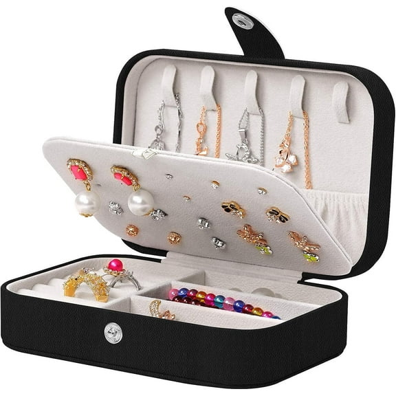 Travel Jewelry Box for Women Girls, 2 Layer Travel Jewlery Case, Leather Mini Portable Jewerly Storage Display Holder for Earrings, Ring, Necklaces, Bracelets - Black